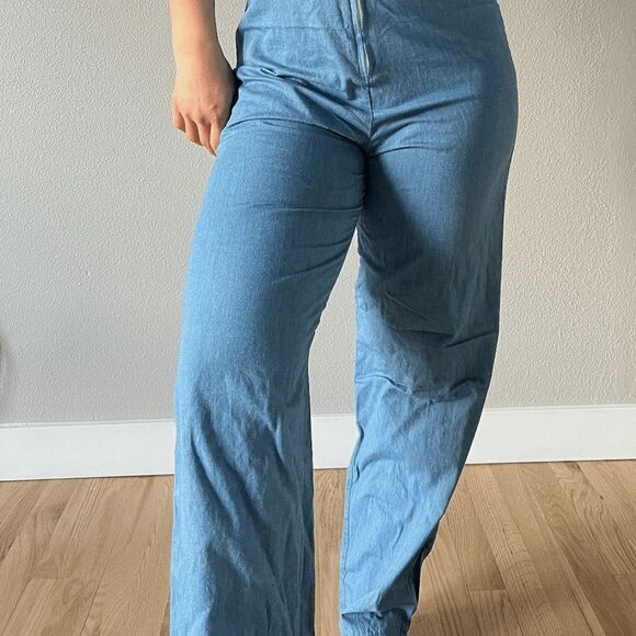 vtg 90s light blue cotton overalls onepiece zip‎ up summer romper boho small - Picture 8 of 9